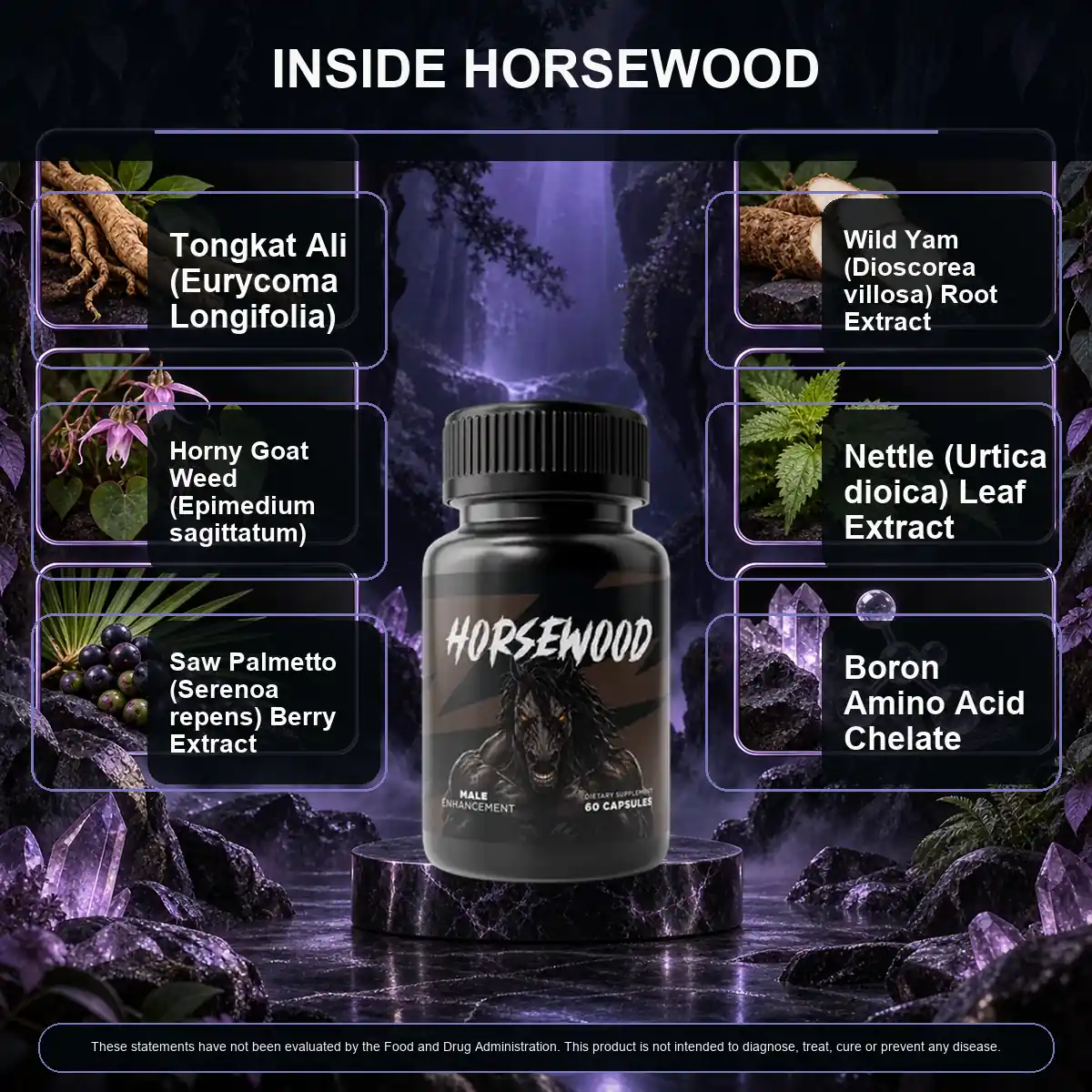 The manufacturer's Inside Horsewood graphic, naming six botanicals around the bottle