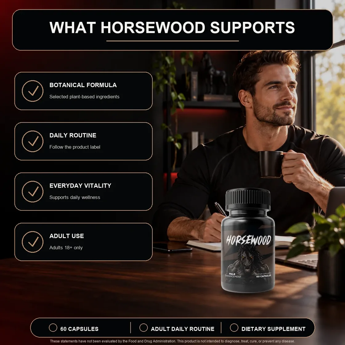 The manufacturer's What Horsewood Supports graphic, four ticked lines beside a man at a desk