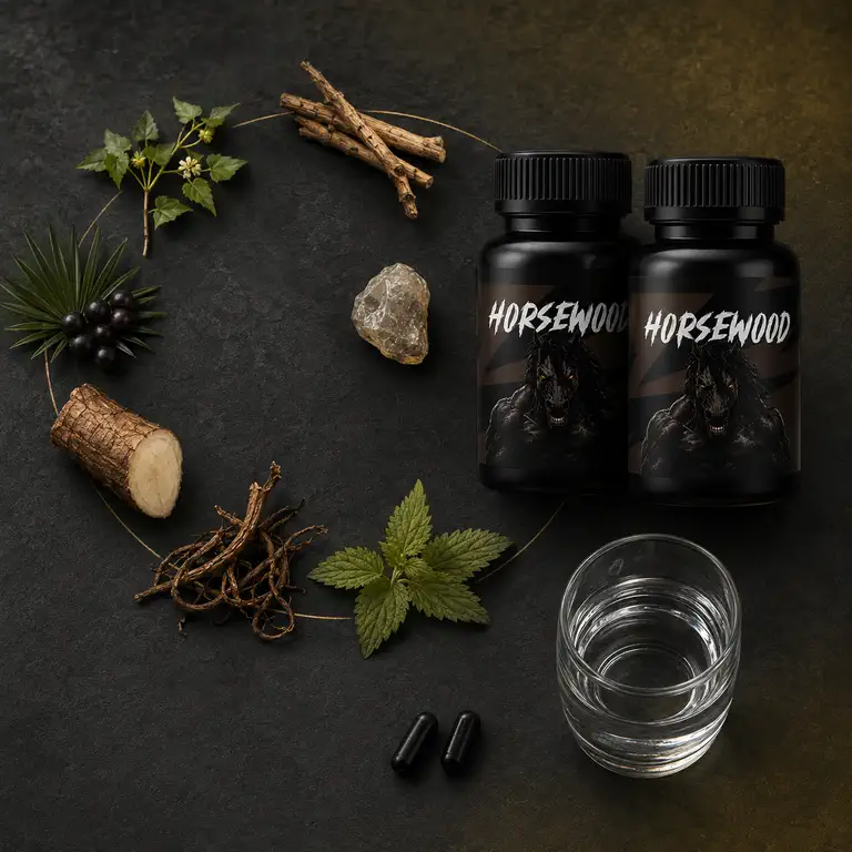 A Horsewood bottle in a daily routine setting with the capsules laid out