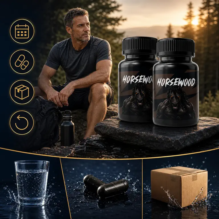 Two Horsewood bottles with a glass of water, capsules and a shipping box