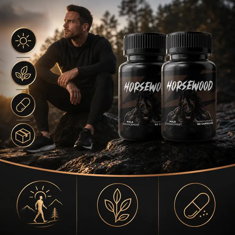 Two Horsewood bottles on rock at sunset with the seller's four feature icons