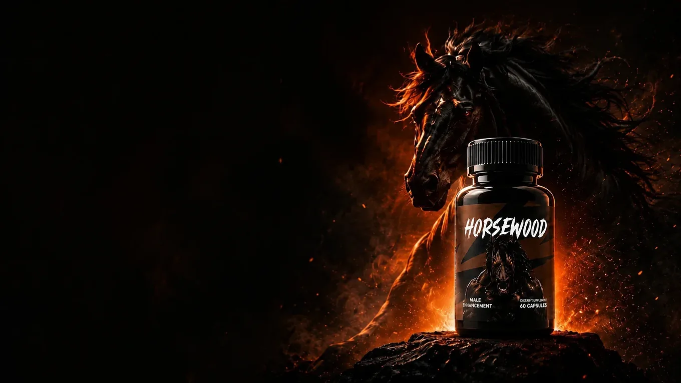 The Horsewood key art: the bottle lit against a horse rendered in fire