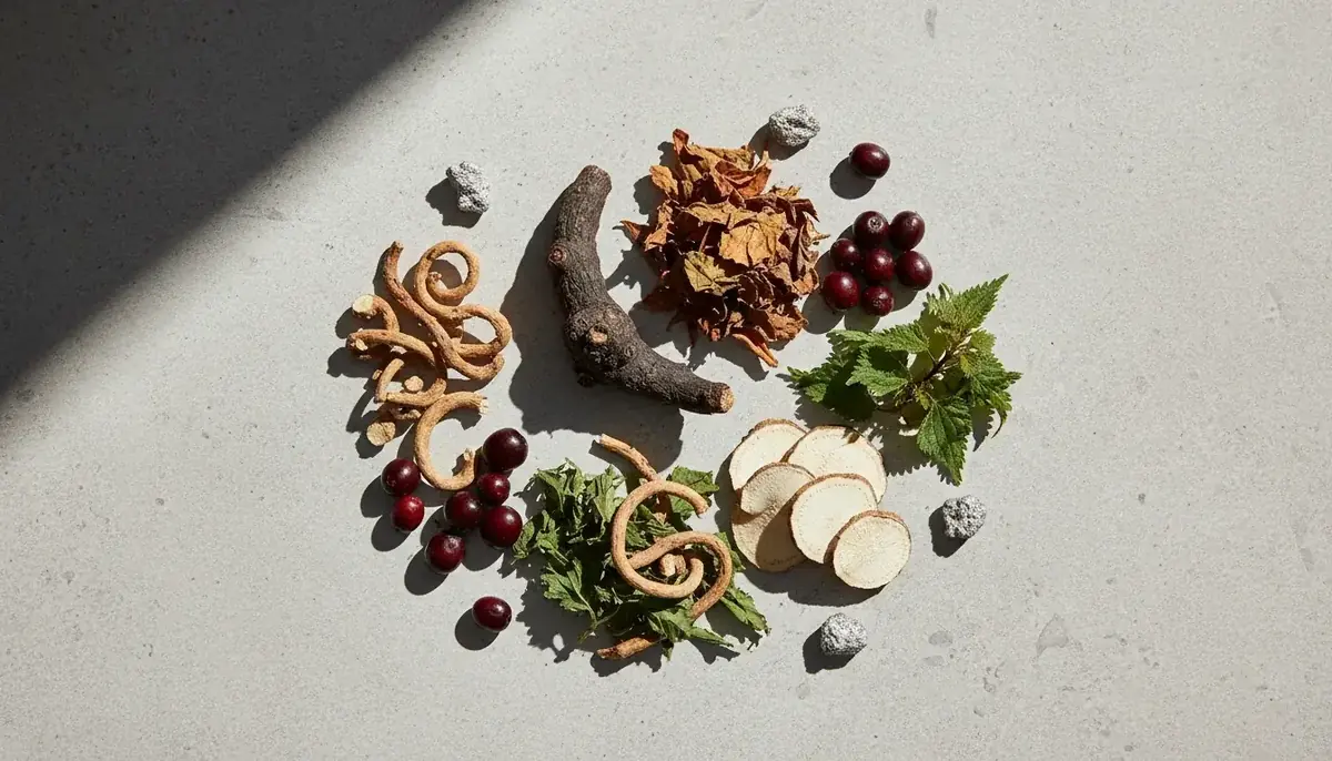 The seven Horsewood botanicals laid out as raw material: roots, dried leaves, berries and mineral granules