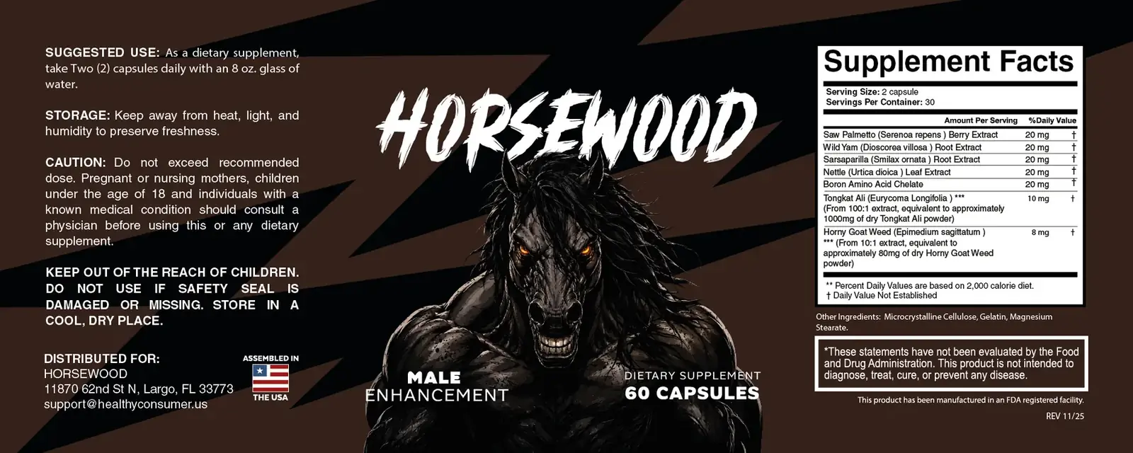 The full Horsewood label artwork: suggested use, storage, caution, the horse illustration and the Supplement Facts panel